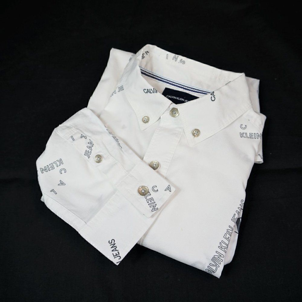 Calvin Klein Jeans All Over Print Dress Shirt Boys Button Up White Sz M Flaw